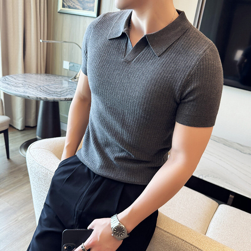 Men Formal Wear Shop - 남성 슬림핏 폴로 칼라 자카드 니트