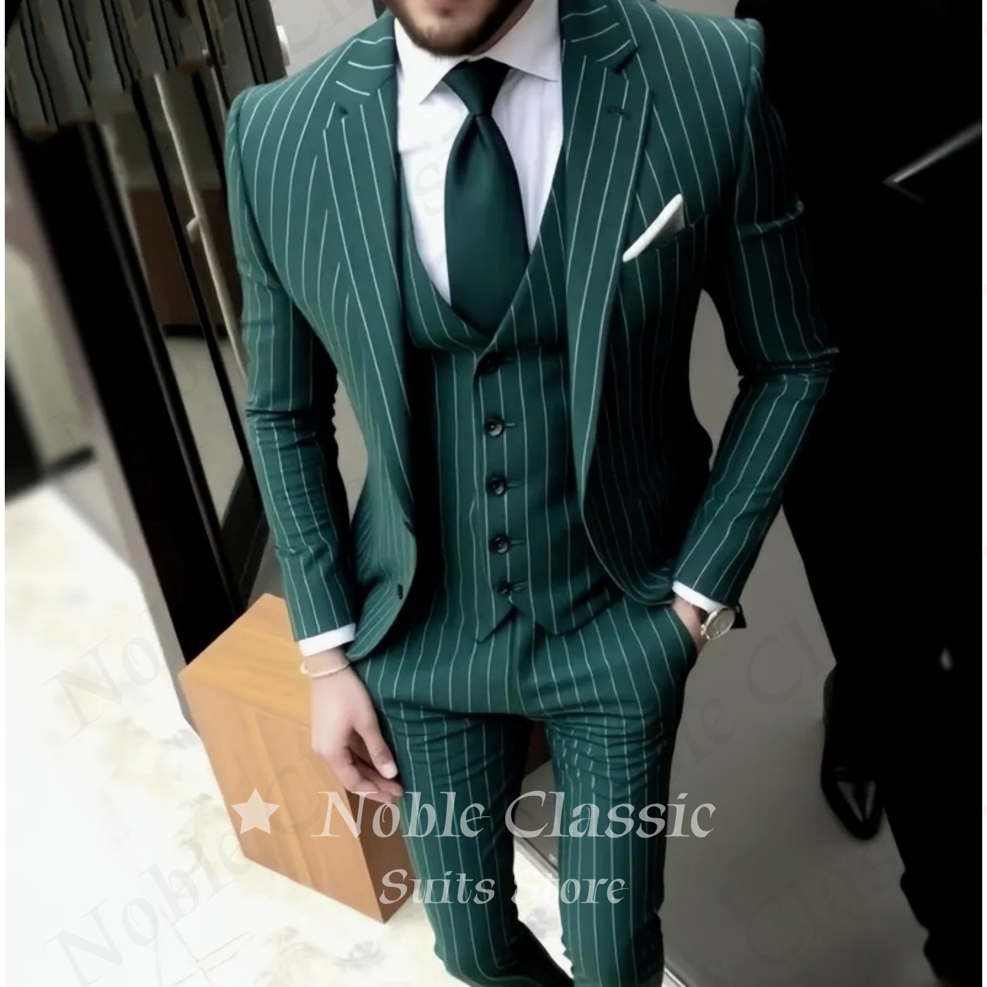 Men Formal Wear Wedding Guest - 남성 정장 그린 스트라이프 슬림핏 3피스