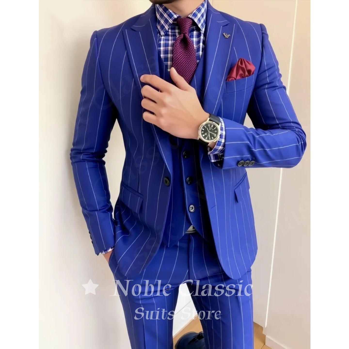 Men Formal Wear Wedding Guest - 남성 블루 핀스트라이프 3피스 슬림핏 노치