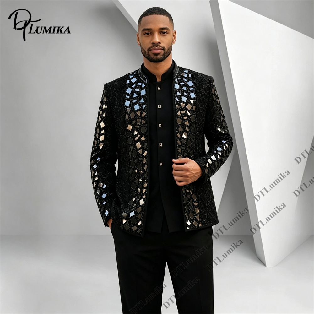 Formal Wear For Men Black Suit - 남성용 블랙 만다린 칼라 수트, 미러
