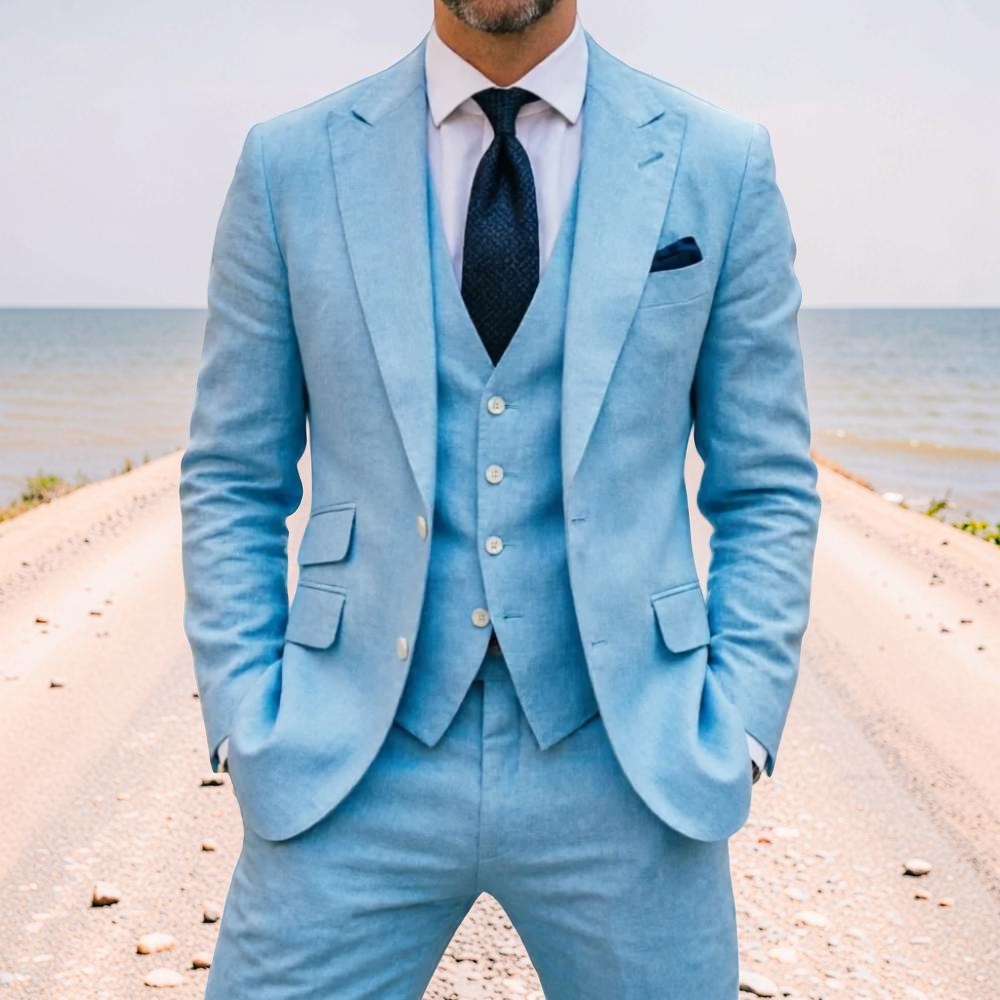 Men Formal Wear Summer - 스카이 블루 리넨 남성 웨딩 턱시도