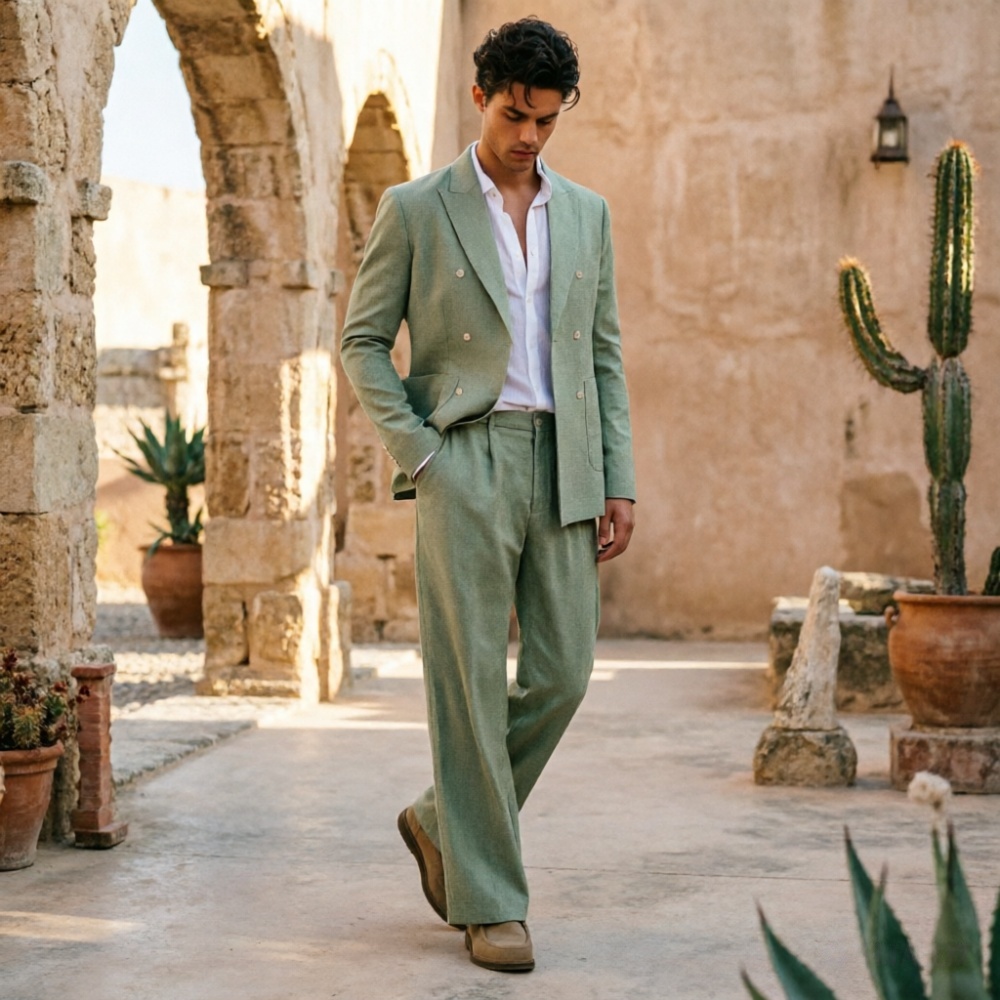 Men Formal Wear Wedding Guest - 세이지 그린 리넨 남성 정장, 편안한