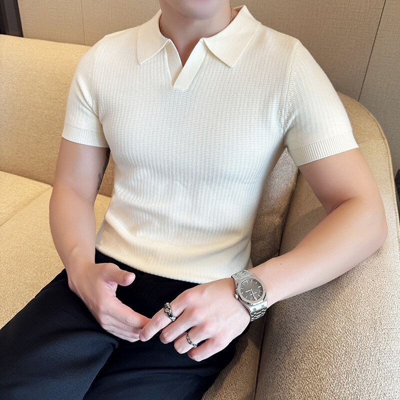 남성 슬림핏 폴로 칼라 자카드 니트 스웨터 - 베이지, - Men Formal Wear Shop 리뷰 및 가격