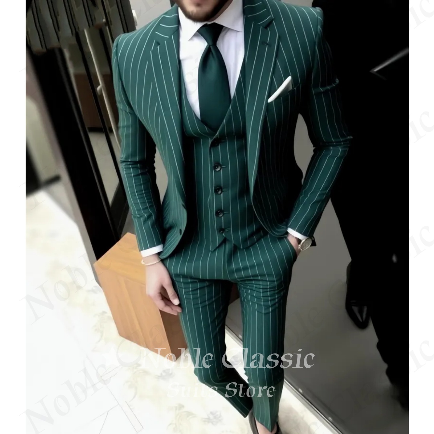 남성 정장 그린 스트라이프 슬림핏 3피스 세트 조끼와  - Men Formal Wear Wedding Guest 리뷰 및 가격