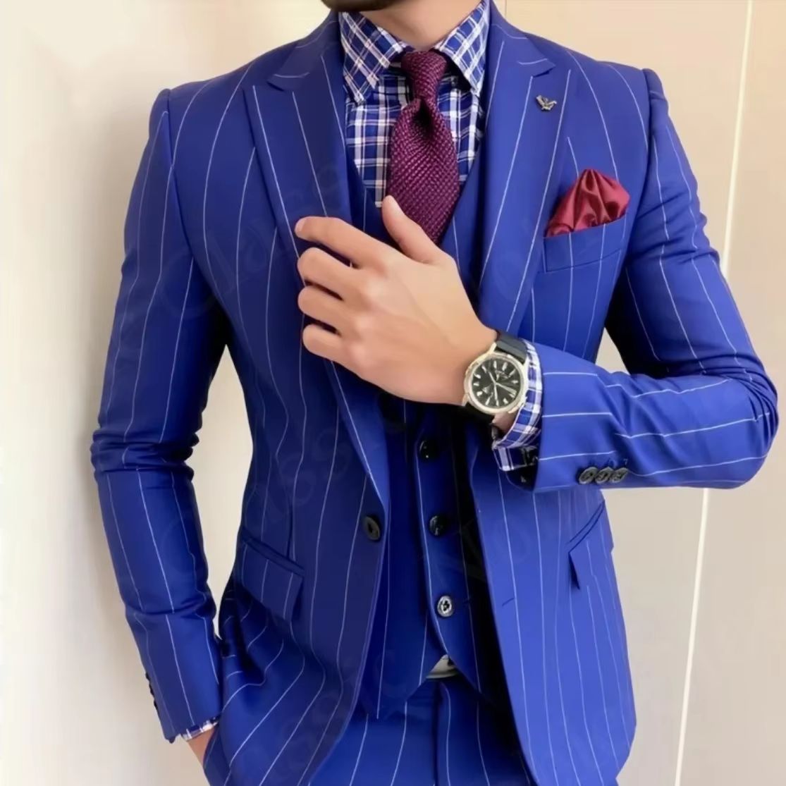 남성 블루 핀스트라이프 3피스 슬림핏 노치 라펠 블레이 - Men Formal Wear Wedding Guest 리뷰 및 가격