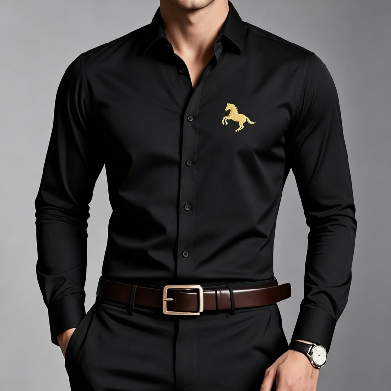 우아한 황금 말 로고 프린트 남성 셔츠 슬림핏 긴팔 캐 - Men Formal Wear Shop 리뷰 및 가격