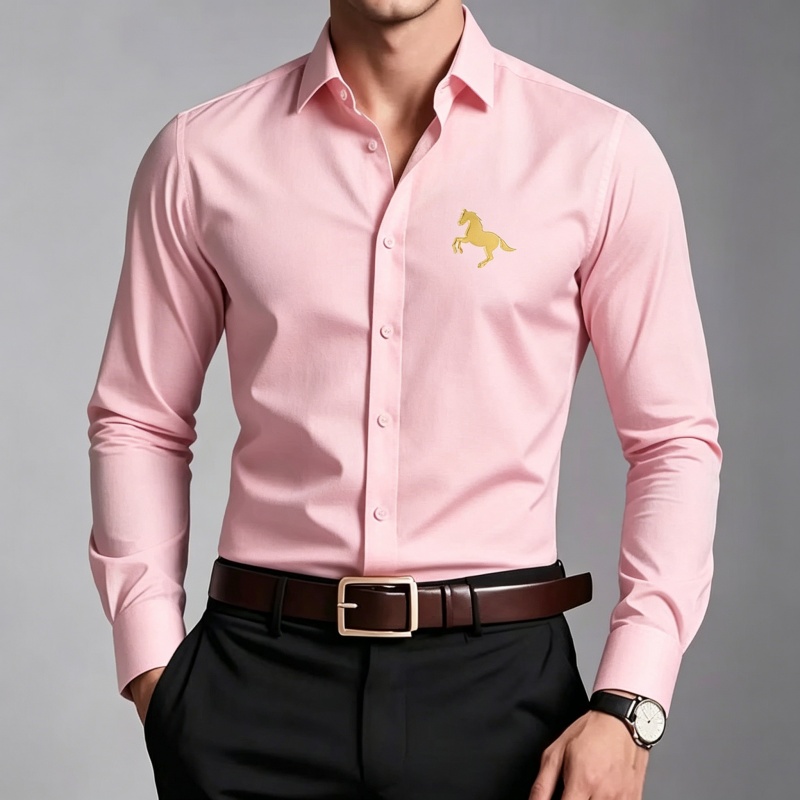 우아한 황금 말 로고 프린트 남성 셔츠 슬림핏 긴팔 캐 - Men Formal Wear Shop 리뷰 및 가격