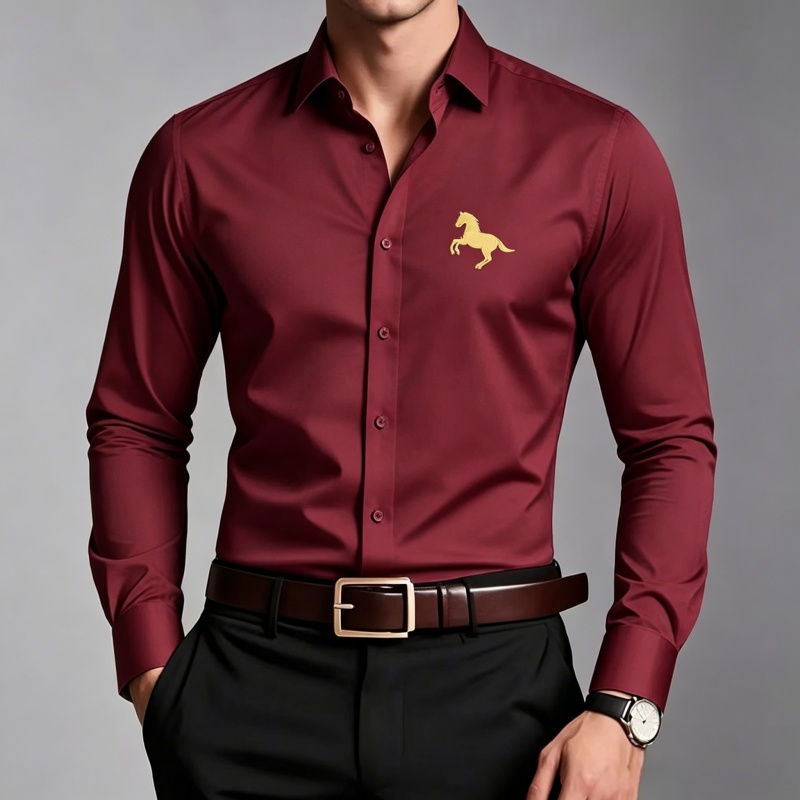 우아한 황금 말 로고 프린트 남성 셔츠 슬림핏 긴팔 캐 - Men Formal Wear Shop 리뷰 및 가격