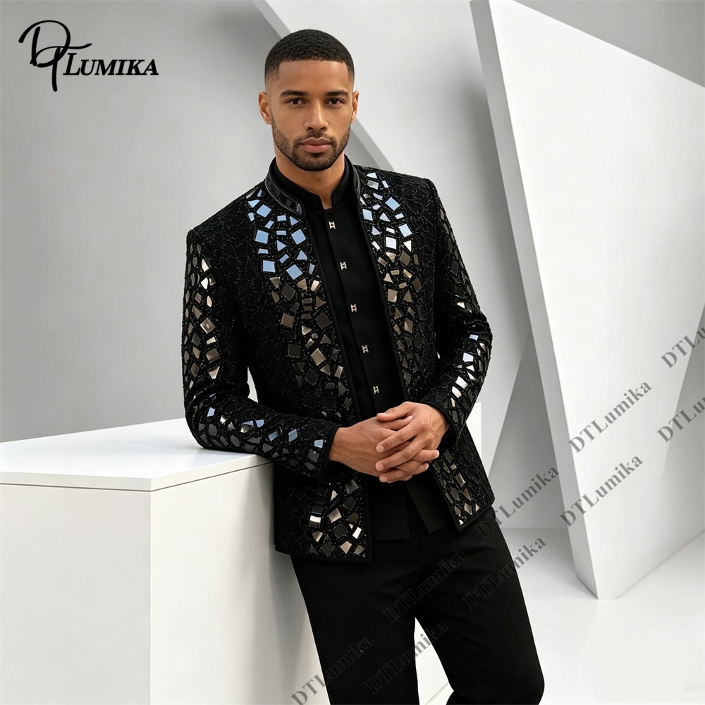남성용 블랙 만다린 칼라 수트, 미러 모자이크 라인스톤 - Formal Wear For Men Black Suit 리뷰 및 가격