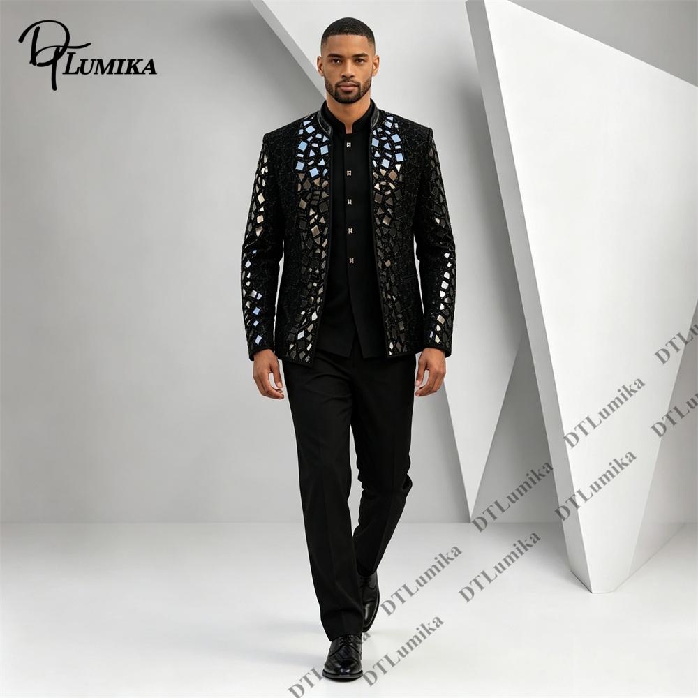 남성용 블랙 만다린 칼라 수트, 미러 모자이크 라인스톤 - Formal Wear For Men Black Suit 리뷰 및 가격