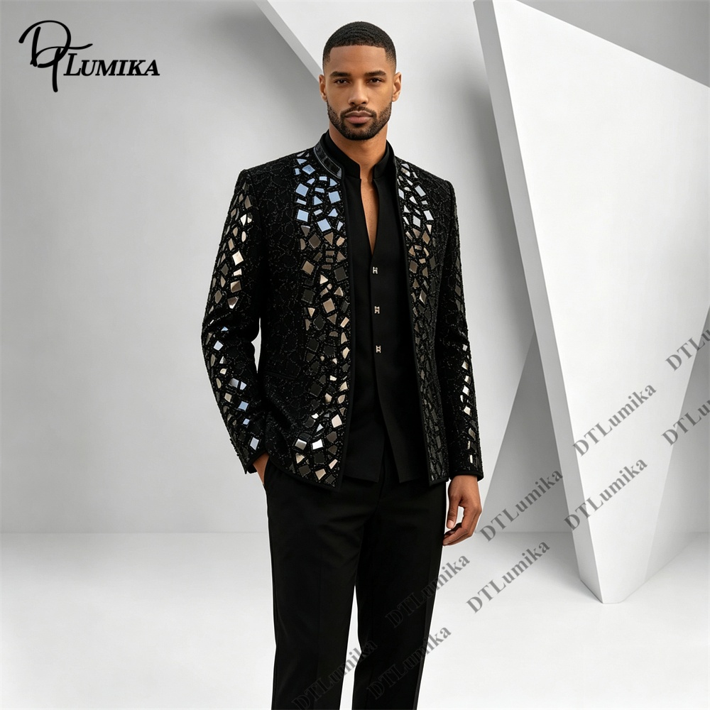 남성용 블랙 만다린 칼라 수트, 미러 모자이크 라인스톤 - Formal Wear For Men Black Suit 리뷰 및 가격