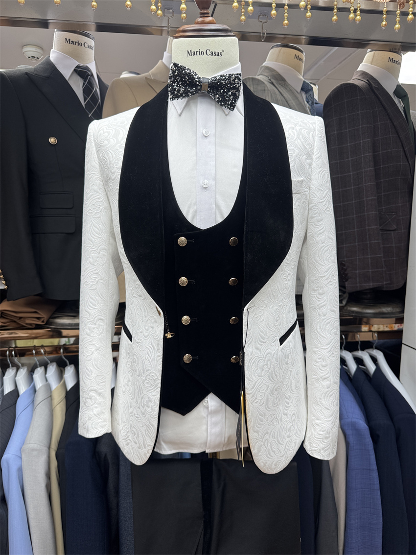 웨딩용 플로럴 그룸 턱시도 3피스 블랙 숄 라펠 정장  - Formal Wear For Men Black Suit 리뷰 및 가격