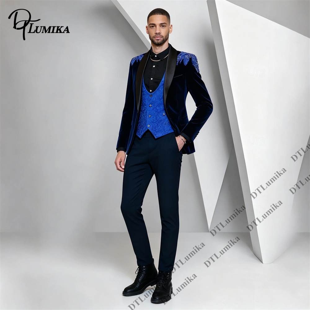 Peagent Men 3 피스 벨벳 슈트 블랙 새틴 라 - Formal Wear For Men Black Suit 리뷰 및 가격